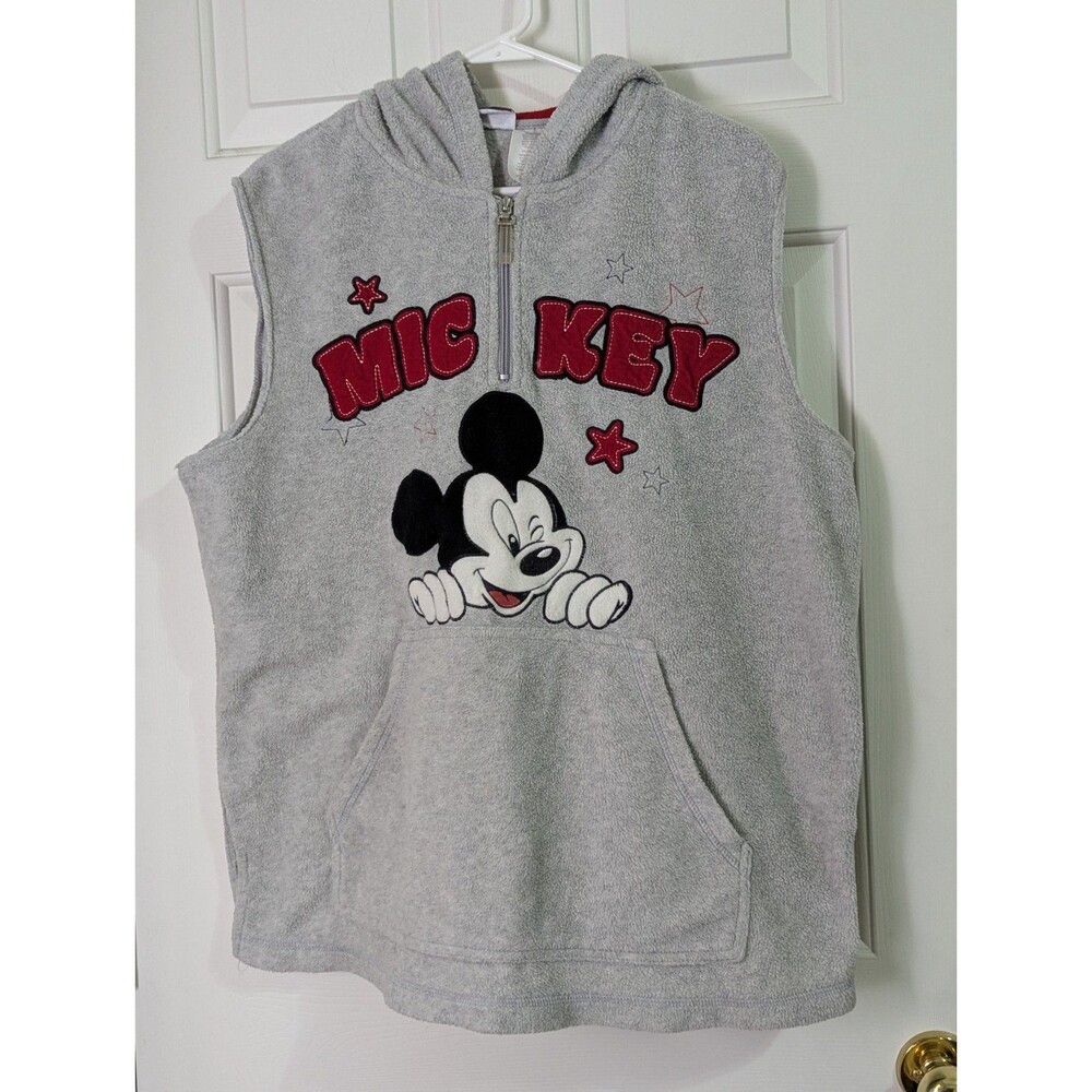 VTG DISNEY Mickey Mouse Sleeveless Hoodie Sweatshirt 2X Gray Fleece Pockets